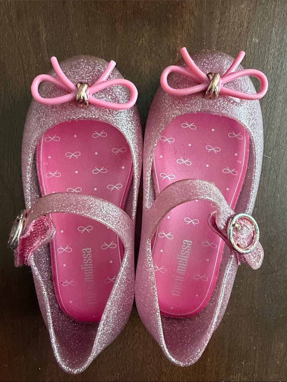 Mini Melissa-Pink Glitter Mary Jane with Bow Accent